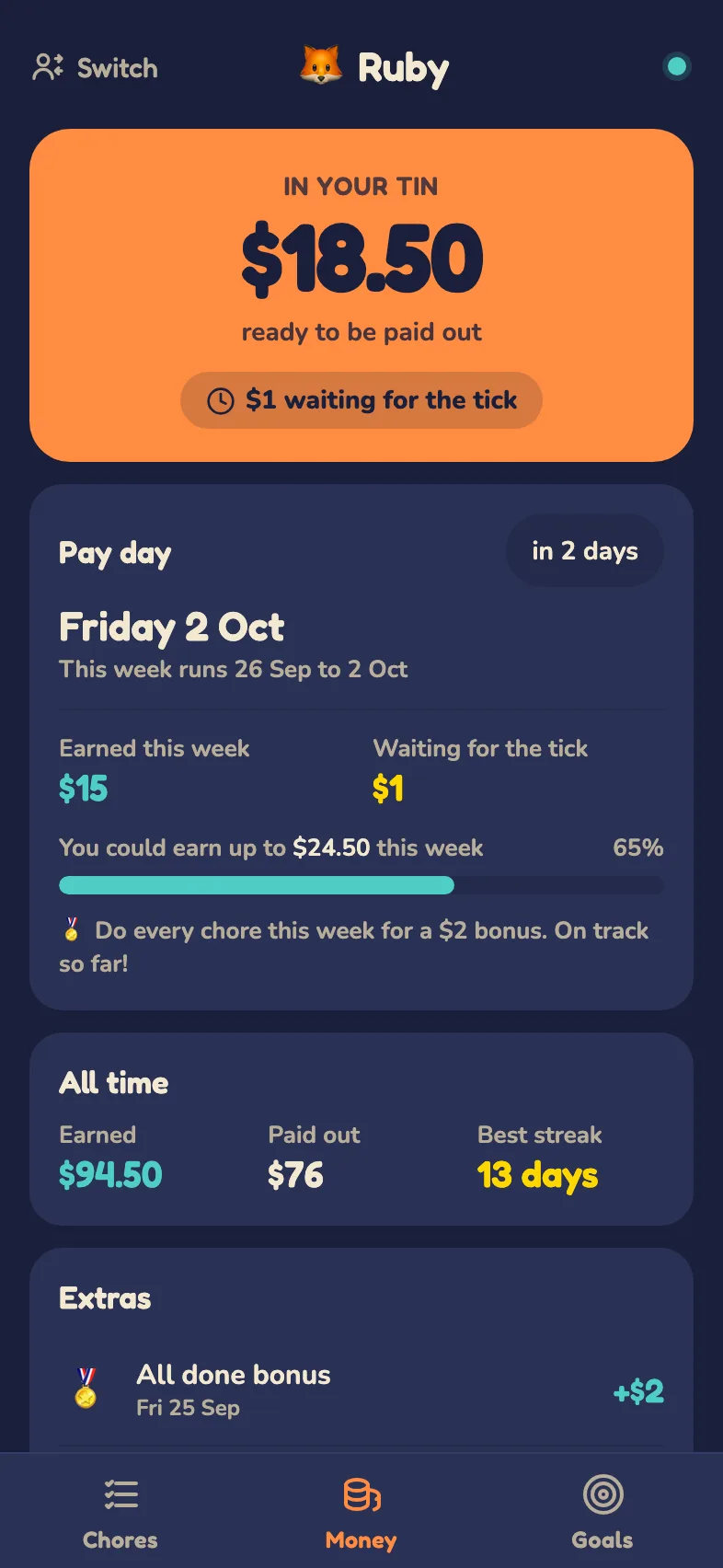 Ruby's money in The Piggy: $18.50 in her tin, what she could still earn this week and how long until pay day.